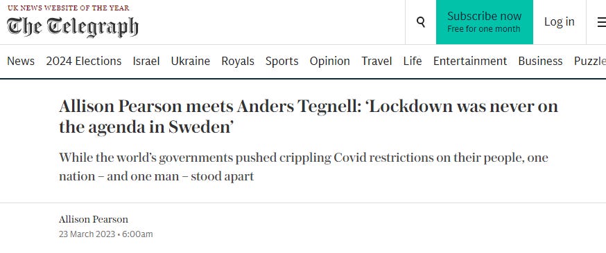 "Allison Pearson meets Anders Tegnell: ‘Lockdown was never on the agenda in Sweden’ While the world’s governments pushed crippling Covid restrictions on their people, one nation – and one man – stood apart"