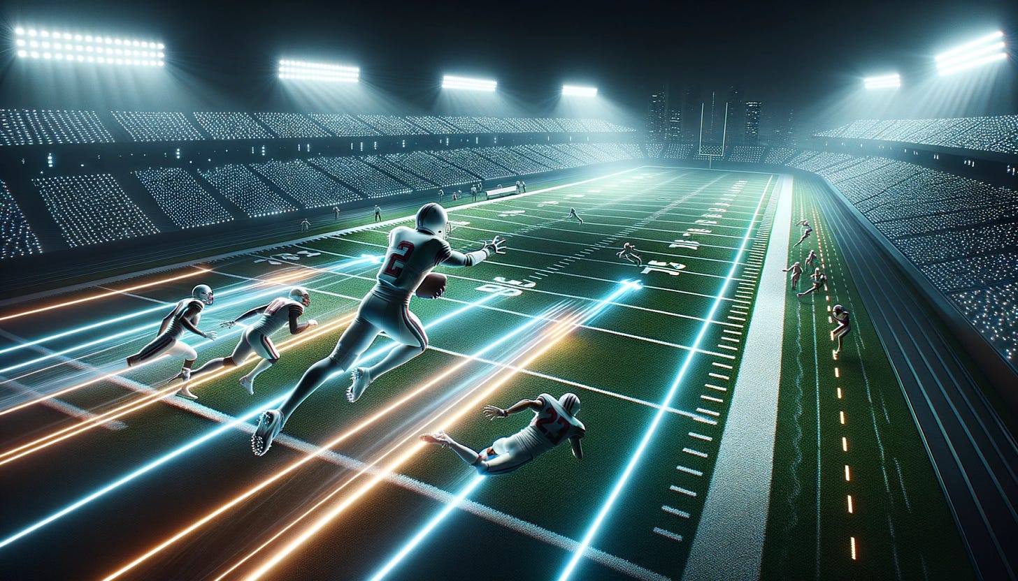 Digital Render: A state-of-the-art football field gleams with embedded lights. Off to the side, a quarterback rolls out, releasing a long pass. Downfield, three receivers sprint, their paths lit by glowing streaks. The ball is shown descending, heading straight for the receiver who's broken away and is steps from the endzone.