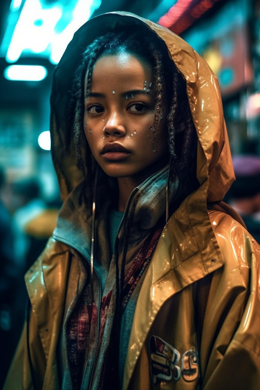 Vulnerability in the eyes of a cyberpunk cape malay girl wearing a rain jacket by Wong Kar-wai and midjourney.