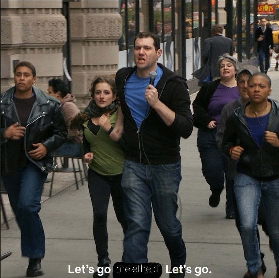 a meme of the scene from Billy on the Street when Billy Eichner ran with a bunch of lesbians shouting let's go lesbians lets go! but lesbians is replaced with meletheldi in this image