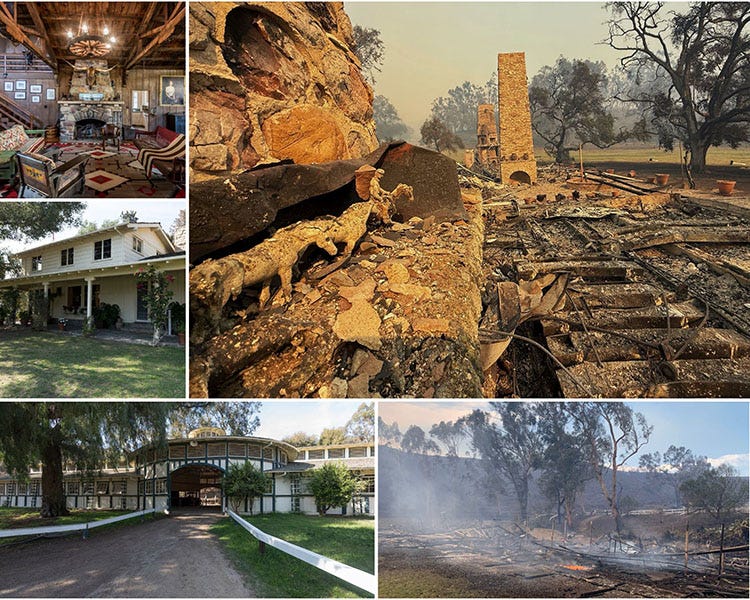 Top left: Living room inside Will Rogers’ ranch house. Top right: Living room after the fire. Left middle: Exterior of ranch home. Bottom row: Exterior of the stables before and after the fire. Photos from California State Parks.