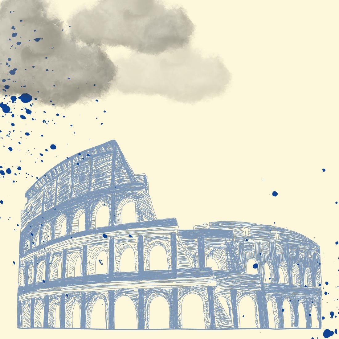 Desenho do Coliseu em bico de pena, ao fundo, nuvens e respingos de tinta