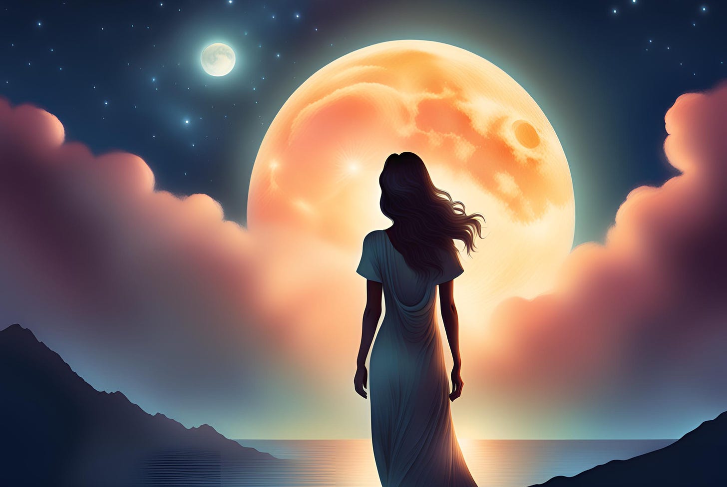 Illustration of a woman near the sea watching the moon rise over the water