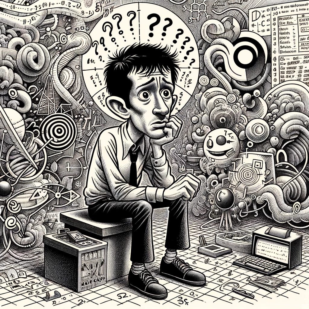 An illustration in the style of a 1960s-1970s underground comic, with intricate linework, a vintage feel, and exaggerated, caricature-like characters, reminiscent of R. Crumb's work. The scene shows a man in a quirky, slightly exaggerated form, looking puzzled and thoughtful, surrounded by cartoon-style abstract shapes, mathematical symbols, and data streams. The setting and characters should have a pen and ink appearance, embodying the essence of R. Crumb's unique and influential style.