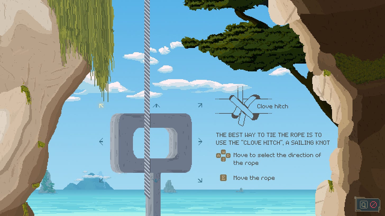 An in-game screenshot of the demo of Verne: The Shape of Fantasy, showing the sea and some islands in the distance against a puzzle with directional arrows and an example of a clove hitch knot with instructions on how to tie it correctly.