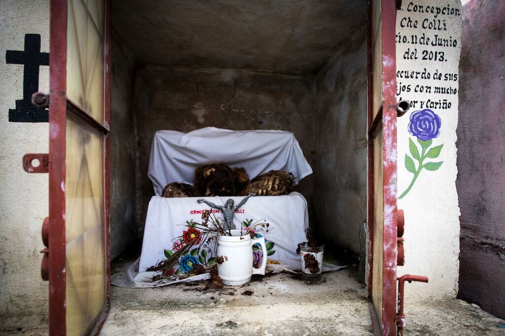 a skull displayed in a graveyard in Pomuch, Campeche, Yucatan, Mexico - as a part of local mayan tradition of dias de muertos.