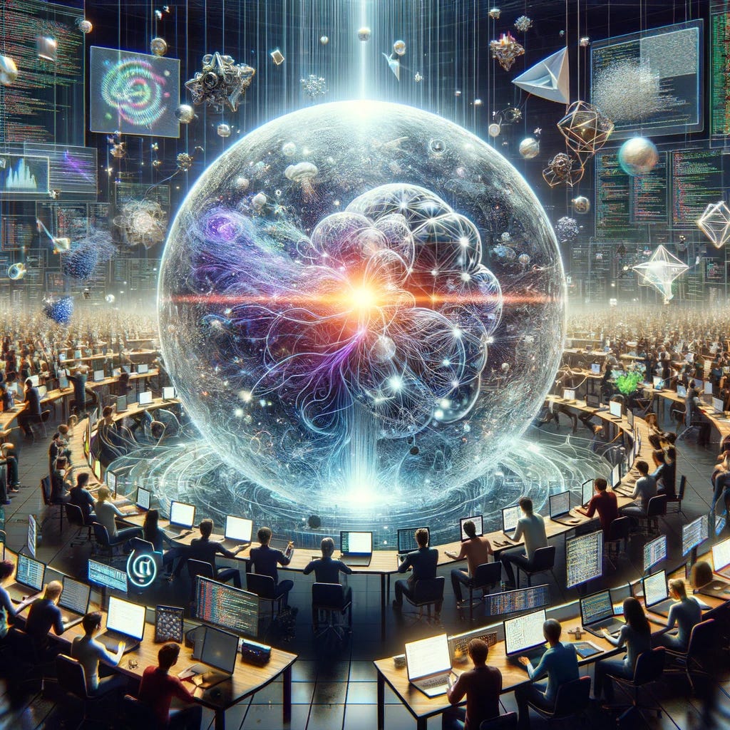 Depict a symbolic representation of generative artificial intelligence becoming completely open source with an emphasis on developers having access to the source code and data of large AI models. Visualize a large, transparent digital sphere at the center of a bustling tech convention. Inside the sphere, intricate 3D models of neural networks and flowing streams of code and data are visible, symbolizing the open access to AI technologies. Around the sphere, a diverse group of developers, researchers, and tech enthusiasts are engaged in discussions, collaborations, and coding on their laptops, all connected by glowing data lines to the central sphere. The atmosphere is charged with creativity and innovation, showcasing a community-driven approach to advancing AI. The background is filled with banners and screens displaying open-source logos and snippets of code, highlighting the collaborative spirit of the open-source movement in AI.