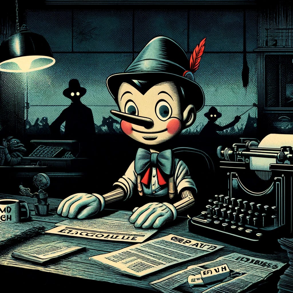 Pinocchio che scrive news su Bitcoin