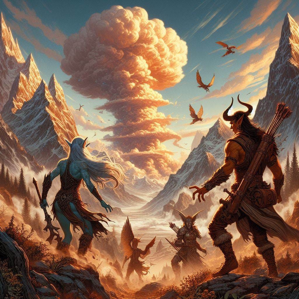 two elves and humanoid phoneix, in the mountains, a giant dust cloud rising into the air, dungeons and dragons cover art drawing