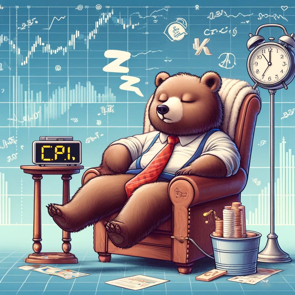 A whimsical yet clearly financial-themed illustration showing a dormant bear dressed as a trader, snoozing comfortably in a stock market environment. The bear, symbolizing a 'bear market,' is lounging in a cozy chair with an alarm clock nearby set to 'CPI' time. Around the bear are elements symbolizing options trading and finance, such as stock tickers, graphs, and mathematical equations floating in the background. The scene should strike a balance between playful and a clear nod to financial markets, trading, and the anticipation of the Consumer Price Index announcement.