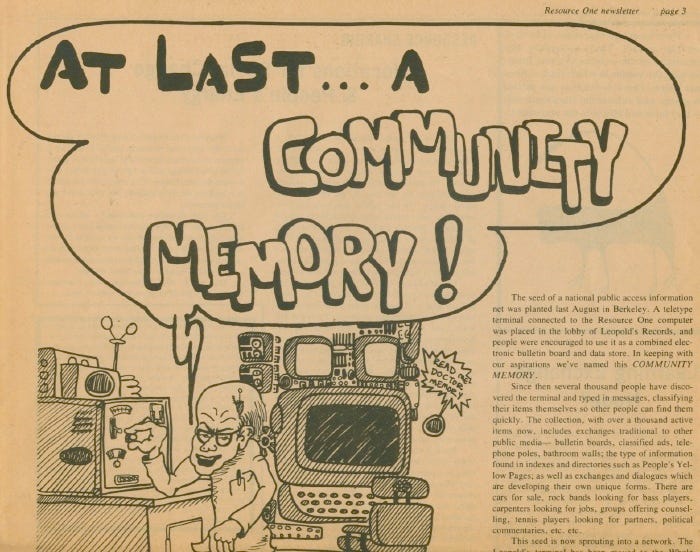 A newspaper ad for Community Memory. A mad scientist adjusts a nob on a computer with a terminal next to him. 