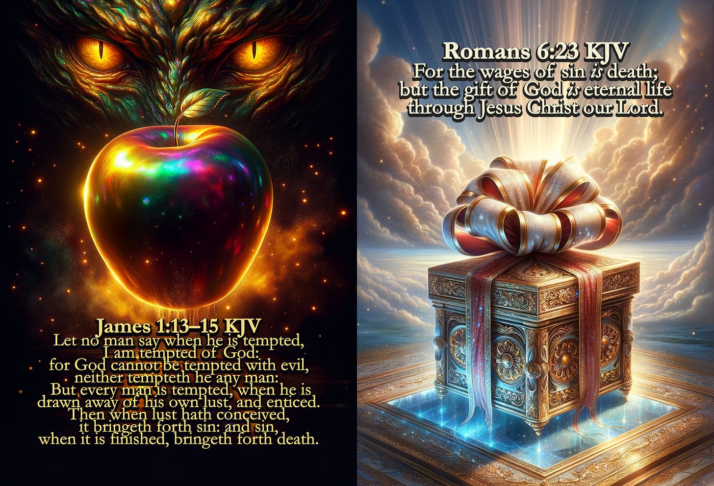 This image is a digital artwork divided into two panels, each featuring a central object and a Bible verse.  On the left panel, there's a vibrant, colorful apple with a spectrum-like sheen, appearing to float in space with stars around it. Above the apple loom the fiery, intense eyes of what might be an owl or some mythical creature, blending into the dark cosmic background. Below the apple, there's a quote from the Book of James (1:13-15 KJV) discussing temptation and sin.  The right panel shows a beautifully ornate gift box with a detailed design and a large, luxurious bow on top. The box is positioned on what seems to be a reflective surface, floating among the clouds with rays of sunlight breaking through. Above the box, there's a quote from the Book of Romans (6:23 KJV) that contrasts the wages of sin with the gift of eternal life through Jesus Christ.