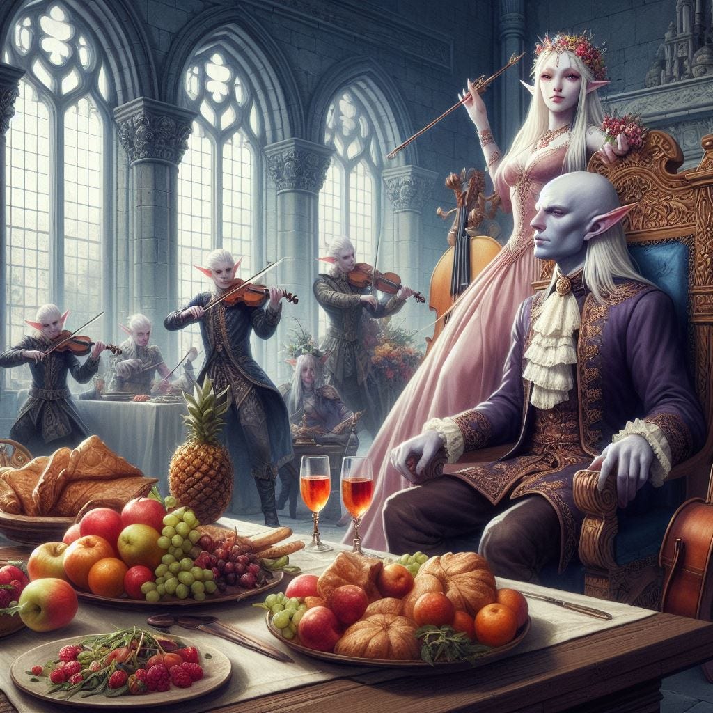 albino elf royal family in a castle dining room feasting on rich fruits and meats as a string quartet plays, dungeons and dragons fantasy art