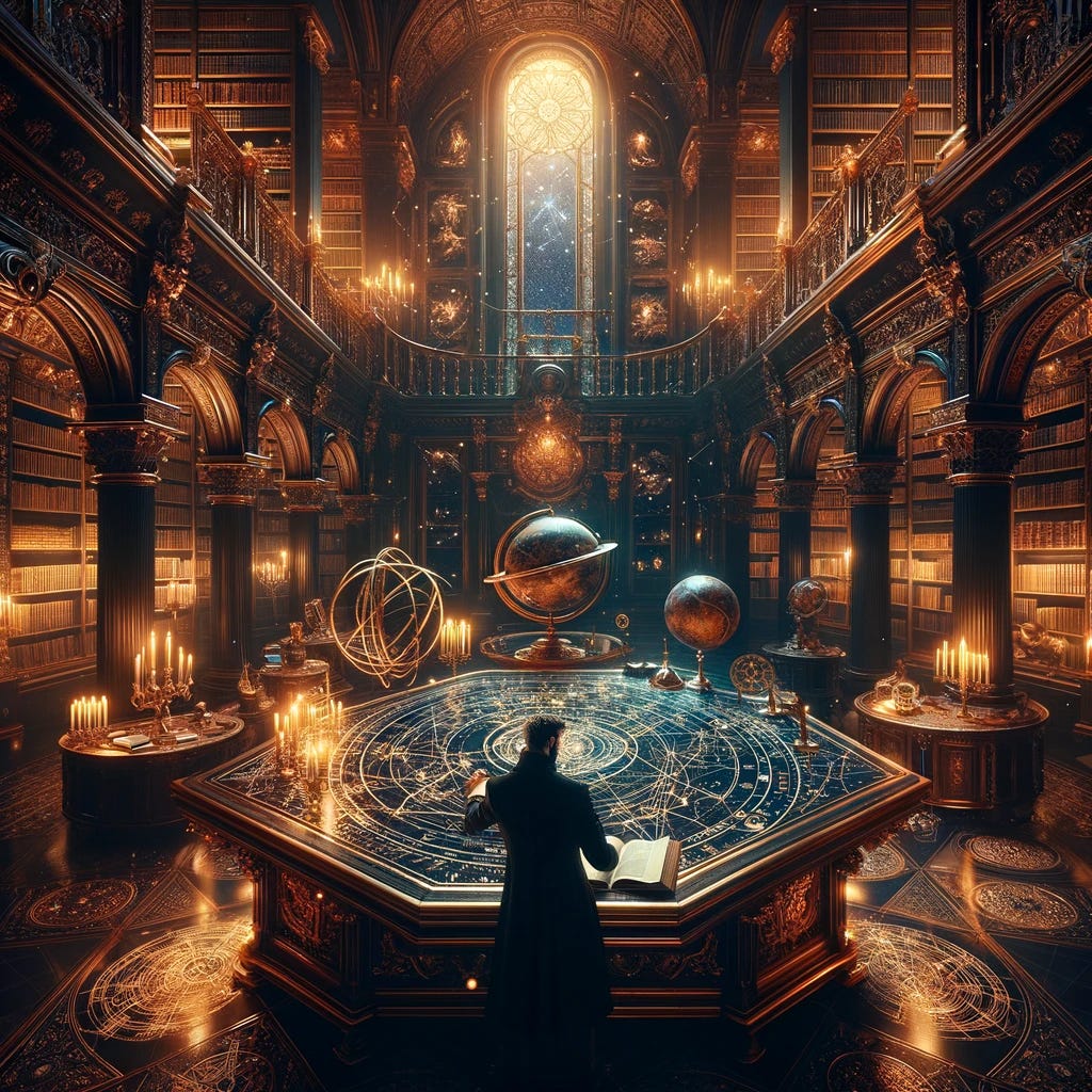 Inside an exquisitely ornate library filled with the glow of golden light reflecting off polished mahogany shelves, a commanding alpha male figure stands at a monumental desk. He meticulously studies a complex cosmic map that sprawls across the desk's surface, filled with constellations, intricate astrological symbols, and swirling galaxies. The ambiance of the room is enriched by the presence of a large globe, celestial spheres, and ancient navigation tools scattered around, each piece telling its own story of exploration and discovery. Tall, arched windows in the background reveal the night sky, adding to the mystical atmosphere as the figure delves into the secrets of the universe, guided by the soft luminescence of candlelight and the silent wisdom of countless books surrounding him.