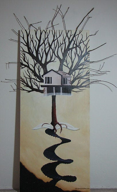 Surreal painting of a house in a tree on a book. A spiral staircase leads down. Branches spread out against a beige gradient background.