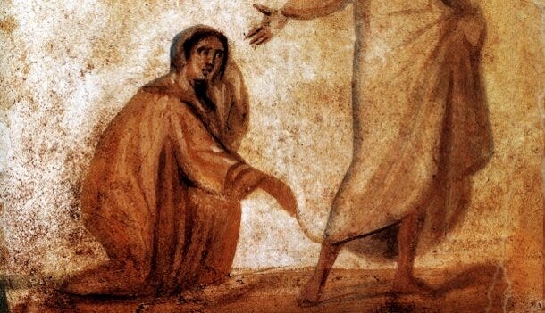 A sepia-toned drawing depicting a woman touching the hem of Jesus's cloak. Jesus's face is not pictured, only his lower body and arms gesturing.