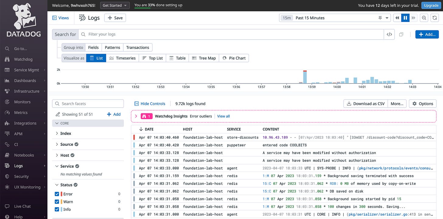 Log Explorer page with logs from foundation-lab-host.