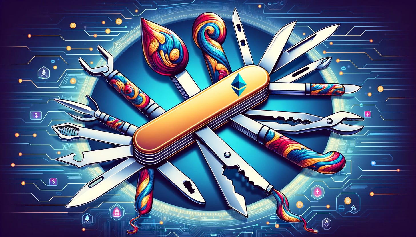 Craft a 16:9 image that encapsulates the concept of liquid staking tokens as a versatile tool for Ethereum users. The visual should depict a Swiss Army knife where each tool represents a different financial service or asset within the Ethereum ecosystem. These could include staking, lending, borrowing, and trading. The tools should be made of flowing, liquid-like Ethereum tokens to symbolize liquidity. The background should be themed around blockchain technology, with digital patterns and Ethereum logos, to emphasize the focus on cryptocurrency and innovation.