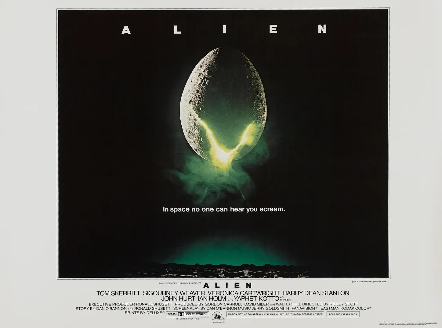 Movie poster for "Alien" featuring a cracking alien egg emitting an eerie green glow against a black background, with the tagline "In space no one can hear you scream."