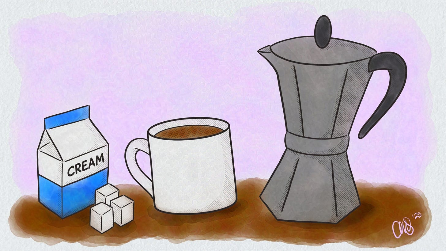 A stovetop coffee pot sits on the table, brimming with freshly brewed coffee, creamy milk, and sugar cubes.