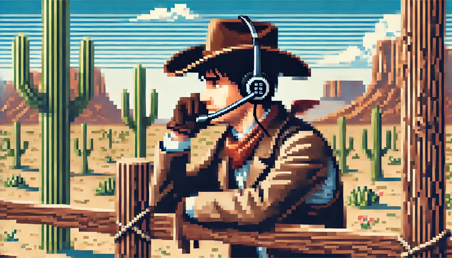 A pixel art image of a cowboy wearing a modern phone headset, typically used by sales professionals, in an old west setting. The cowboy is leaning against a wooden fence, with a desert landscape in the background including cacti and mountains under a clear blue sky. The headset contrasts with the traditional cowboy hat and attire, blending classic western elements with modern technology.