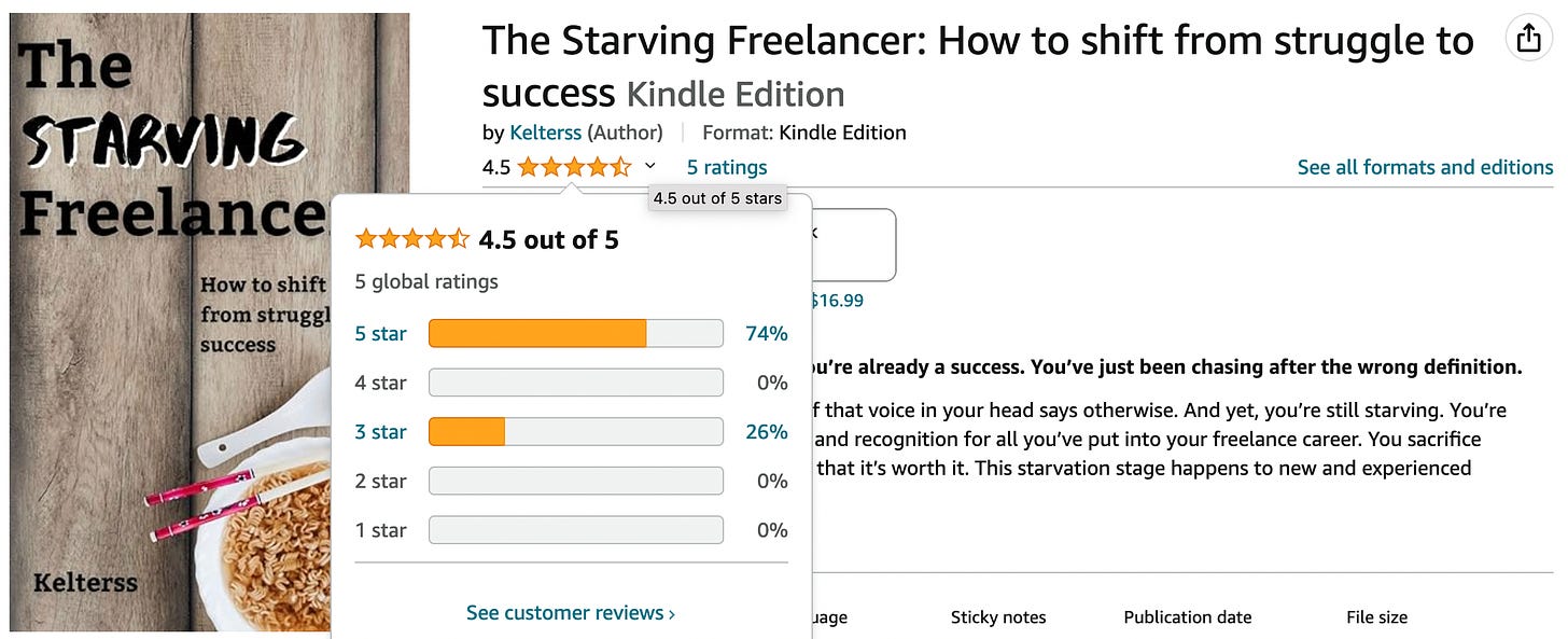 A screenshot of The Starving Freelancer's Amazon page with a 4.5 out of 5-star rating and 5 global ratings.