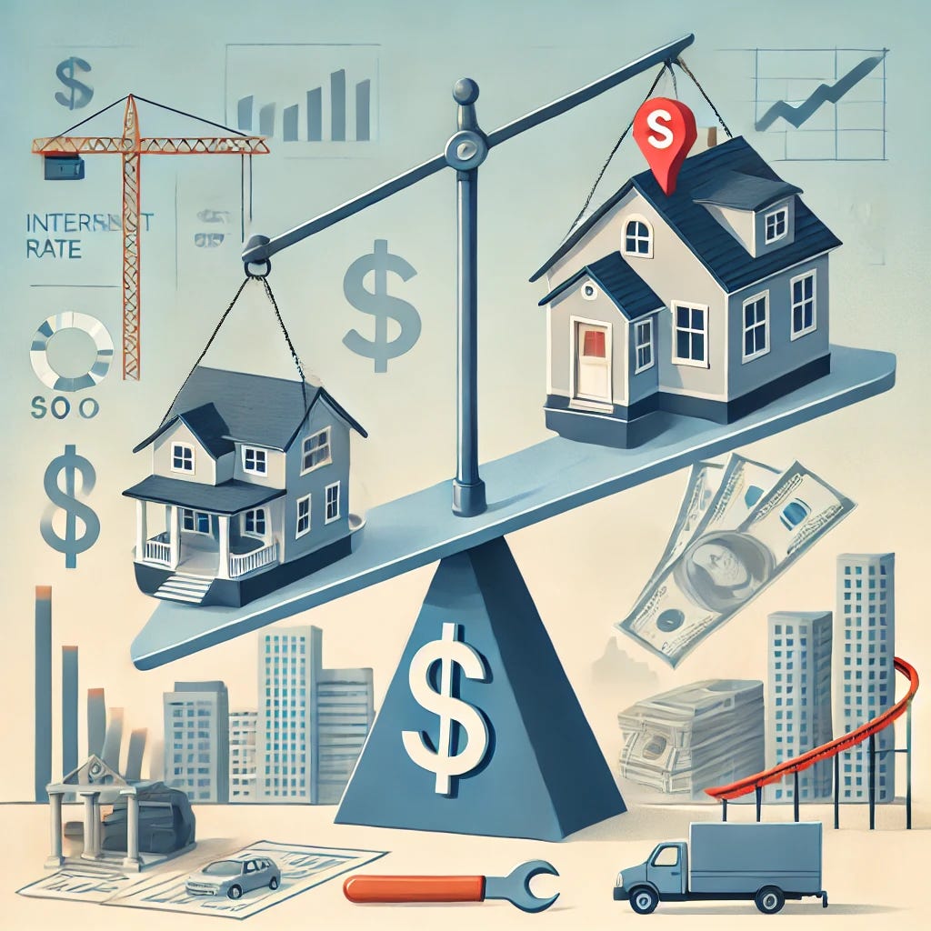 A simple, professional illustration representing the current housing market challenges. The image shows a house on a seesaw, symbolizing the imbalance of supply and demand. One side of the seesaw is heavier, with dollar signs and high-rise buildings, representing high prices and demand. The other side shows a small stack of homes, representing low supply. In the background, a small rollercoaster symbolizes interest rate changes, and construction tools like a hammer and blueprint represent building challenges. The style should be clean and informative with muted colors like blues, grays, and soft earth tones.