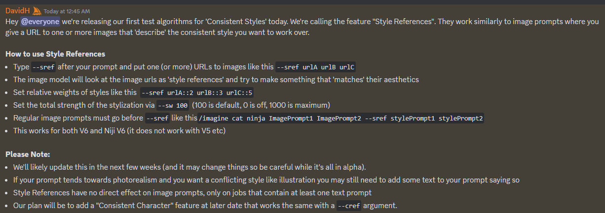 Midjourney Discord announcement of the Style Reference feature