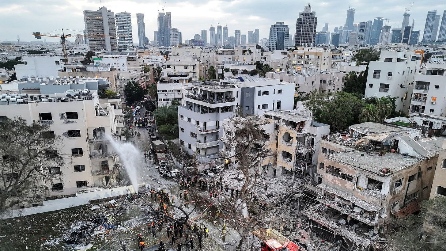A drone photo shows the damage over residential homes at the impact site following missile attack from Iran on Israel, in Tel Aviv, Israel on June 16, 2025.