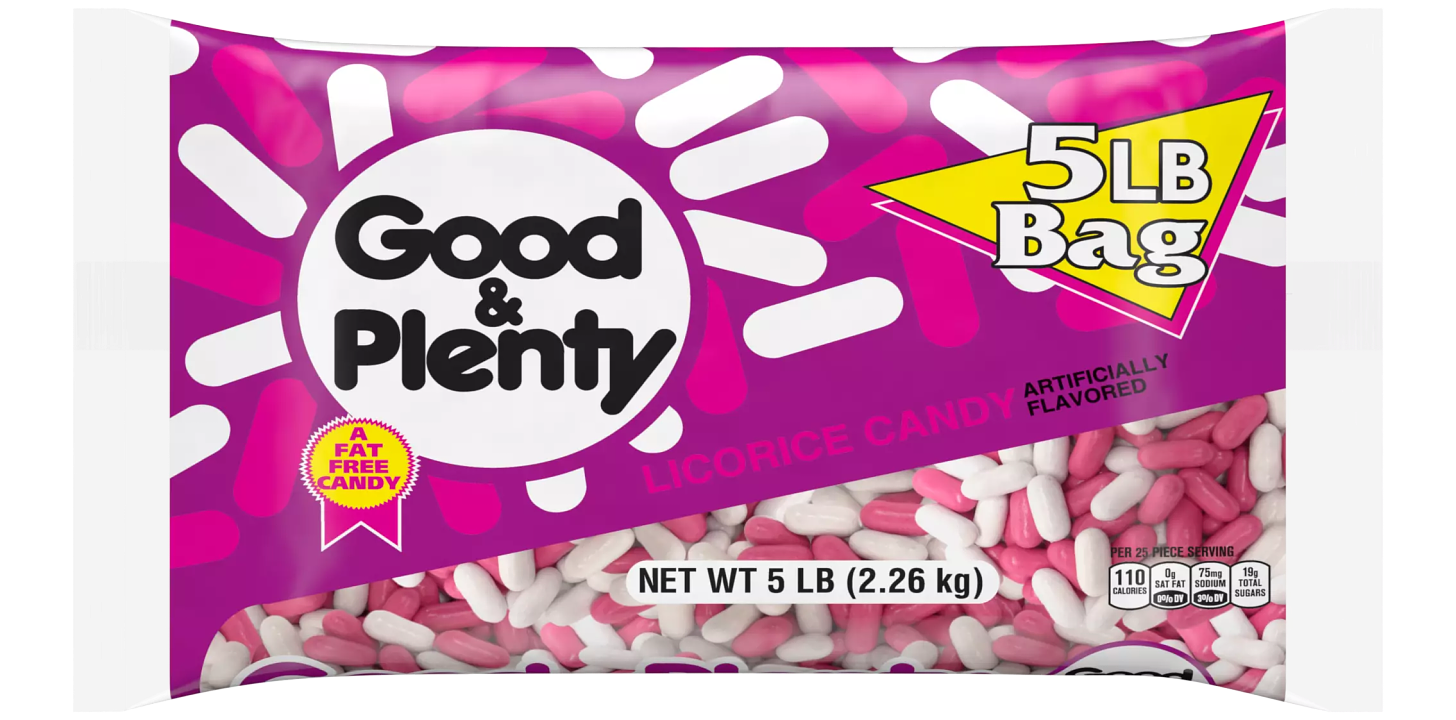 A 5 pound bag of pink and white Good and Plenty licorice candy