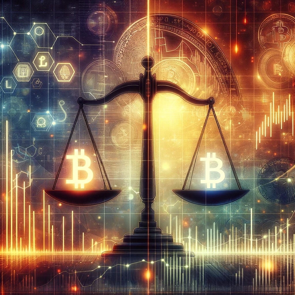 An abstract representation of a market neutral trade strategy involving Bitcoin. The image shows two stocks represented by symbols or icons on a scale, with one clearly outperforming, depicted by a higher position or a brighter aura, while the other underperforms, shown in a lower position or a dimmer aura. The background features subtle elements related to finance and cryptocurrency, such as charts, graphs, and Bitcoin symbols, to emphasize the context of the trade. The overall tone is futuristic and digital, capturing the essence of cryptocurrency trading.