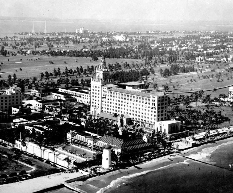 Aerial view of the recently completed Roney Plaza Hotel in 1926. Courtesy of the Miami Herald.