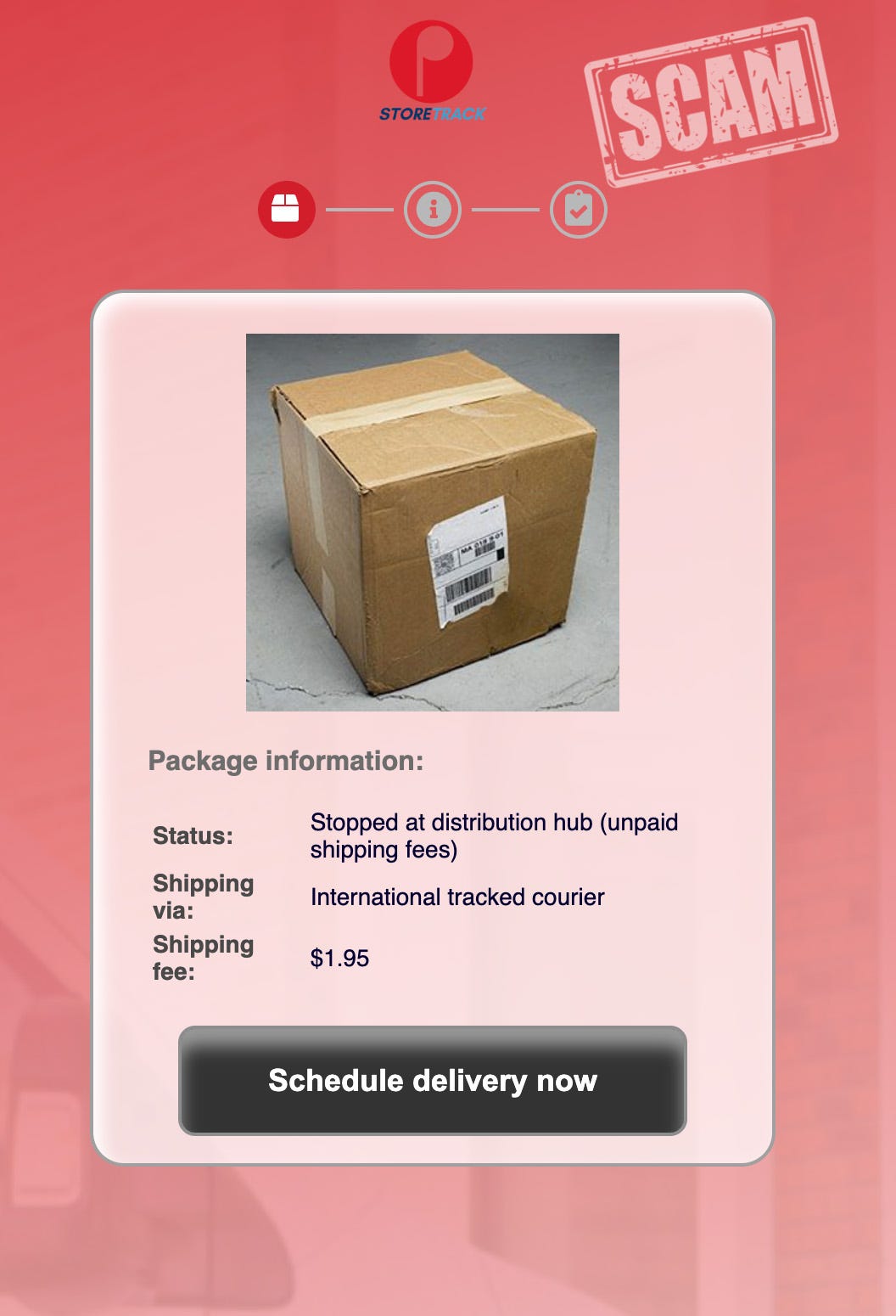 Screenshot of scam website claiming that you must paying a small shipping fee to ensure delivery of a package. 