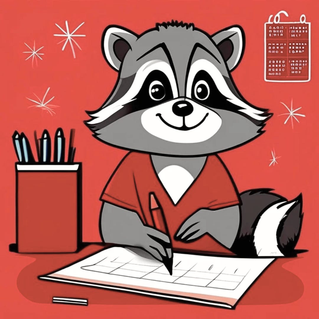 A raccoon in a red shirt writing on a desk with a calendar behind it and a container of pencils to the right