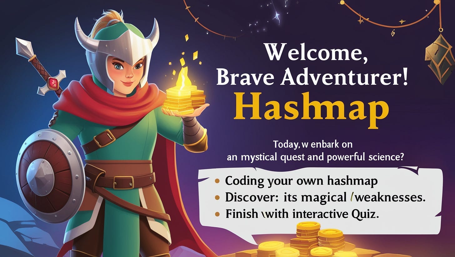 Welcome, brave adventurer! Today, we embark on a quest into the mystical realm of computer science, where we meet a quirky and powerful creature: the HashMap.Along the way, we’ll unlock treasures like coding your own HashMap, discovering its magical strengths (and weaknesses), and finishing with a fun interactive quiz. Get your armor (code editor) ready!