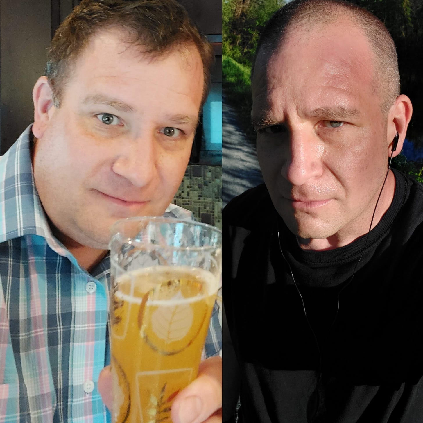A before and after of the author, image on the left, overweight and sad and drinking too much. On the right, lean and fresh.