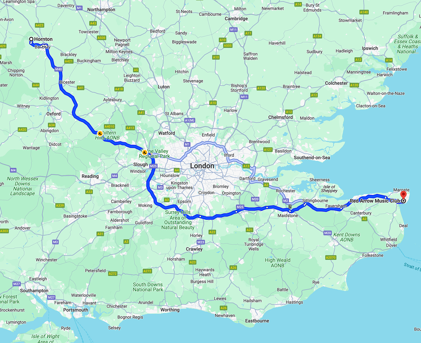 Map showing our route from Horton to Ramsgate