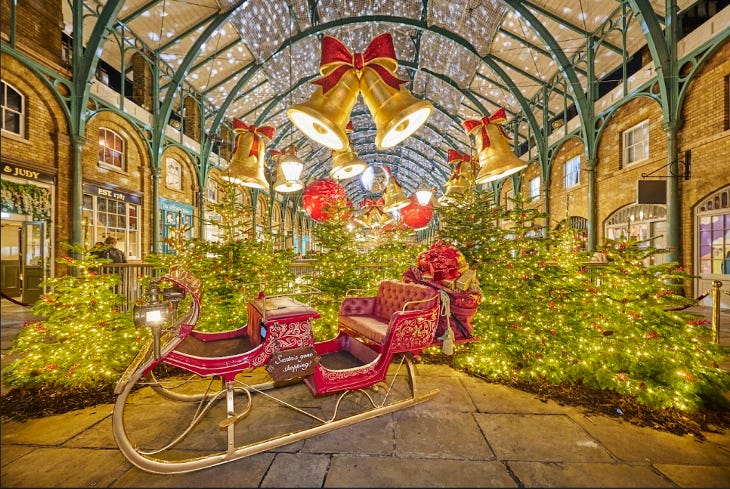 Christmas lights and decorations inside the Covent Garden Market Hall