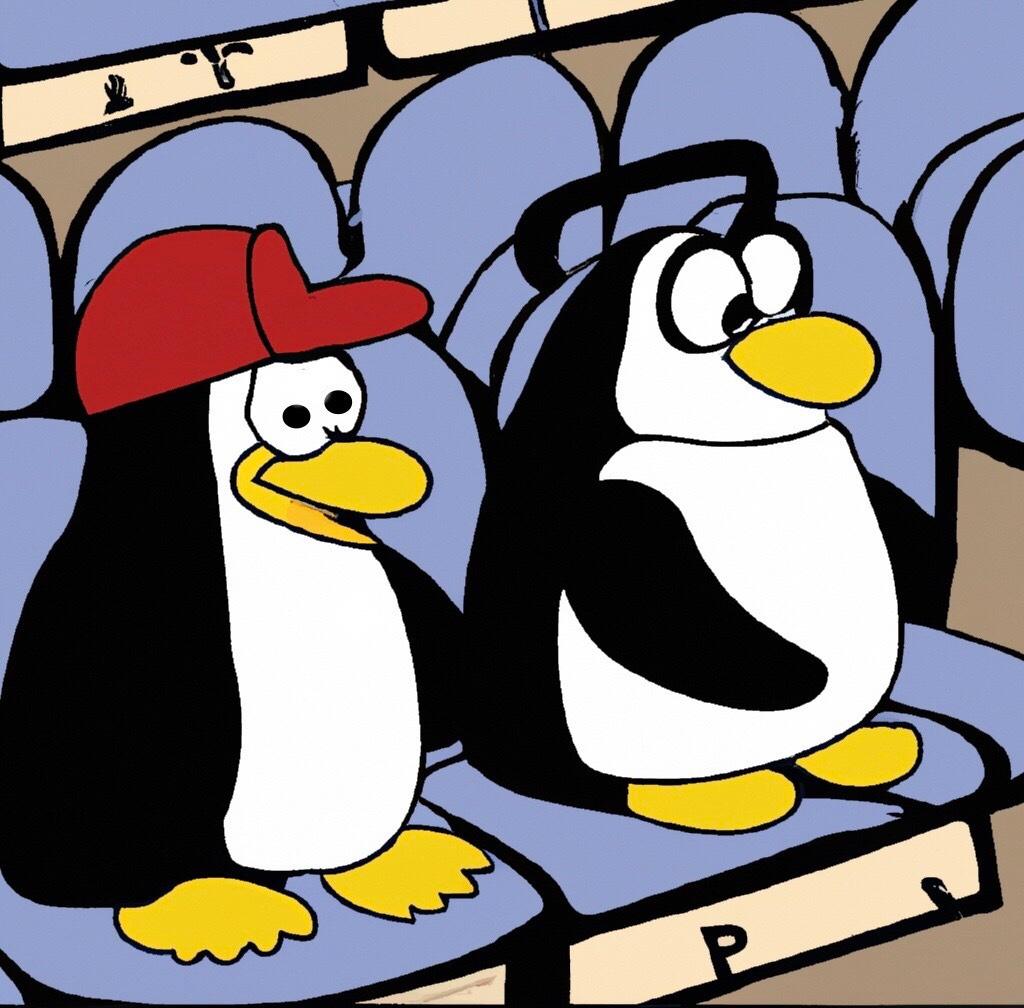 DALLE2-generated cartoon image of two penguins sitting in baseball stands. One penguin wears a red baseball cap.