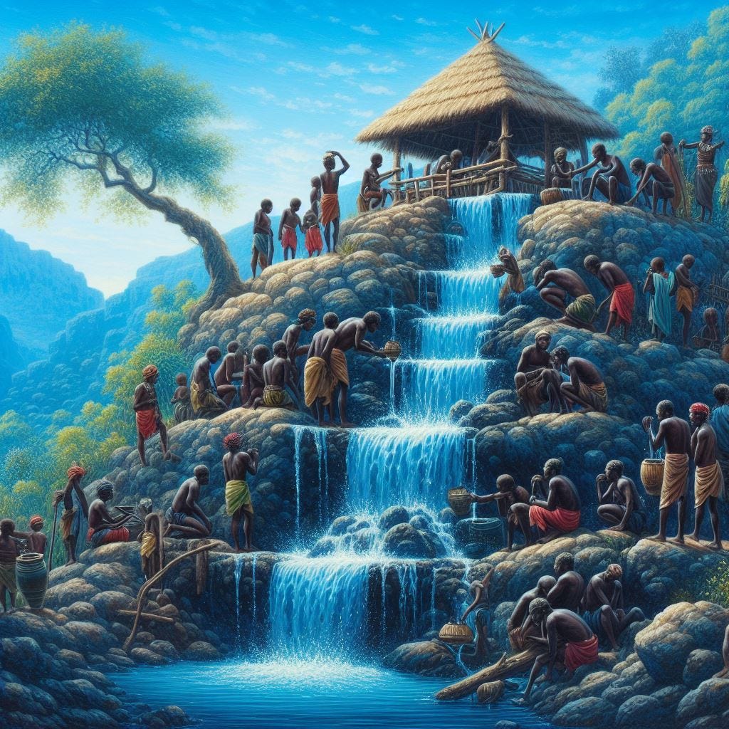 source d'eau qui coule d'une grotte où des hommes et des femmes noirs viennent s'abreuver, style peinture d'huile sur fond bleu
