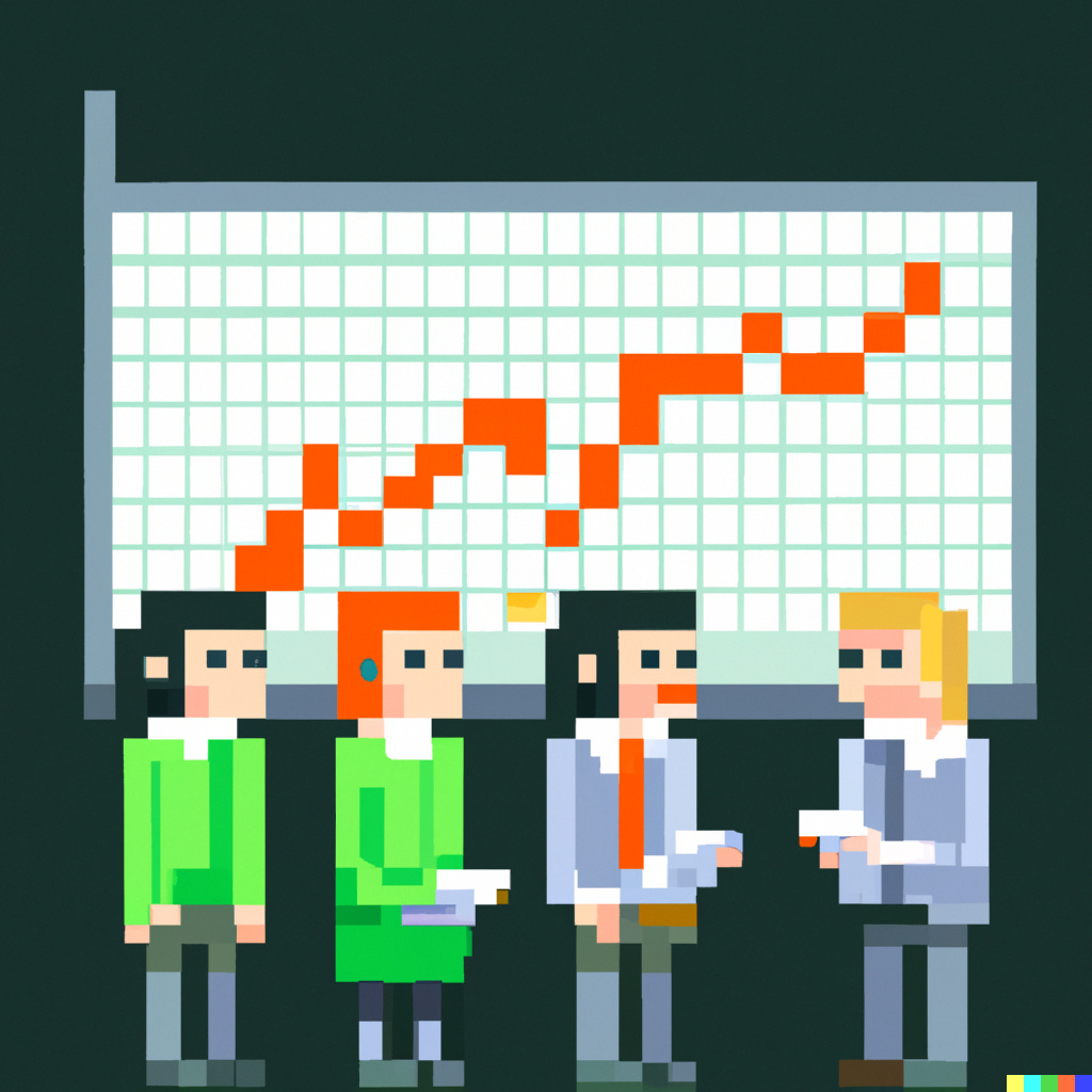 Pixel art of software engineers looking at a graph