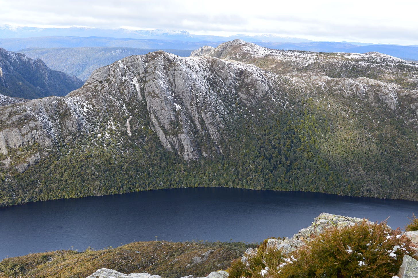 Views across Dove Lake onto further mountains at Cradle Mountain in Tasmania