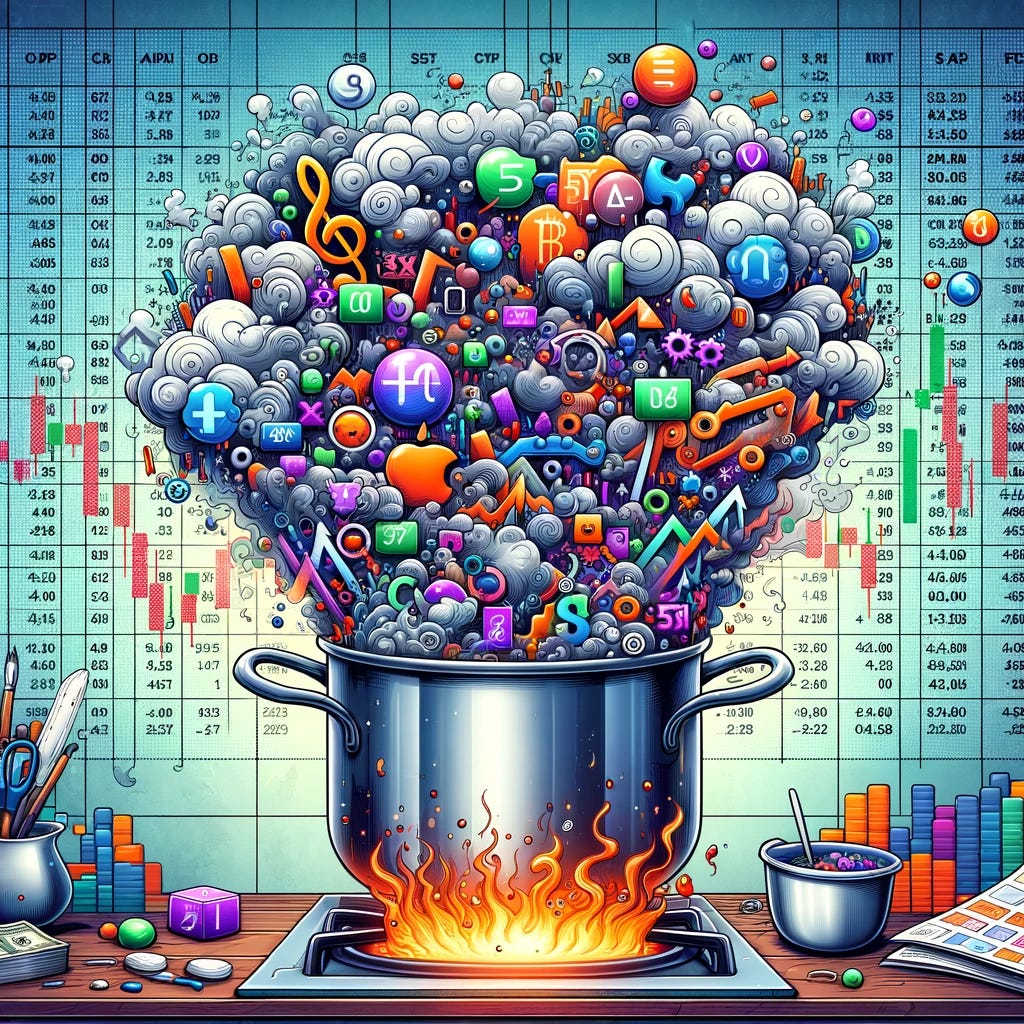 An imaginative and vivid illustration for a finance blog, featuring a large pot filled with a bubbling soup of financial indicators and symbols, representing a mix of options and volatility investing. The pot is on a stove, symbolically heating up, surrounded by clouds of steam to indicate rising tensions. In the background, there's an earnings calendar filled with various events. The scene is packed with various mathematical symbols and stock market icons, creating a dynamic and complex visual metaphor for the financial market's activity.