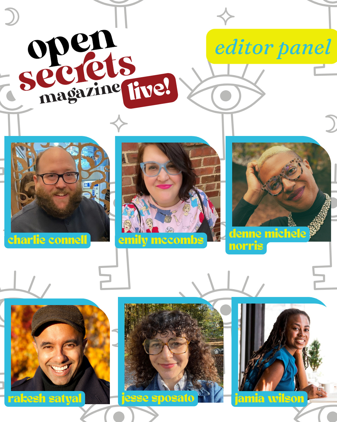 Open Secrets Live, Editors Panel Rachel Kramer Bussel (Open Secrets), Charlie Connell (Another Jane Pratt Thing), Emily McCombs, Denne Michele Norris (Electric Literature and anthology Both/And), Rakesh Satyal (HarperCollins/HarperOne), Jesse Sposato (Narrativey), and Jamia Wilson (Random House). 