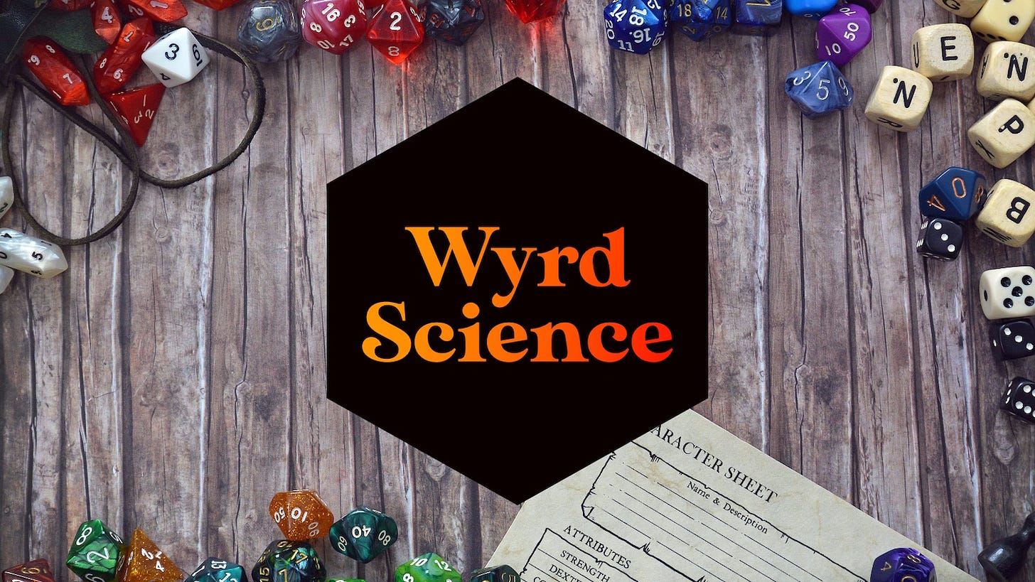 Banner logo for Wyrd Science magazine. Wordmark appears on a background representing a wooden table covered in polyhedral dice and a character sheet.