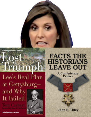 Nikki Haley glancing over two pro-South Civil War books
