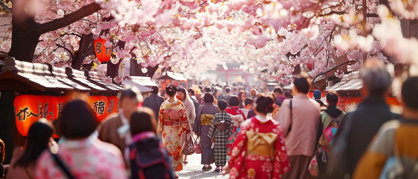 A bustling street filled with people in traditional attire, surrounded by blooming cherry blossoms, and a third image showing an overcast, rocky coastal landscape by the ocean