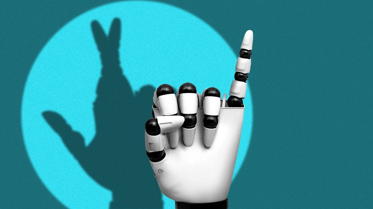 Illustration of a robot fist with its pinky out with a shadow of a robot hand with crossed fingers.