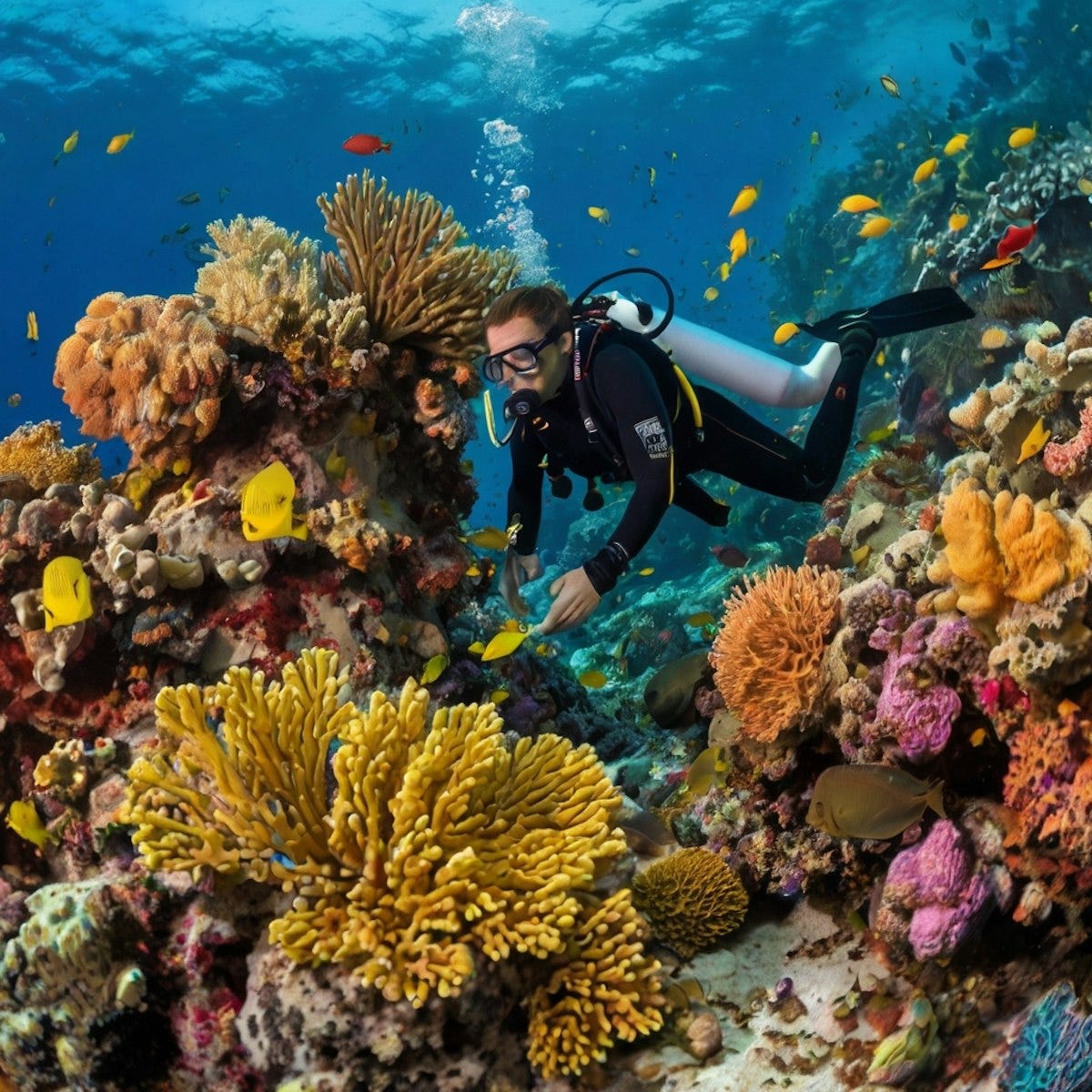 "A scuba driver looking down at a vibrantly colored coral reef"