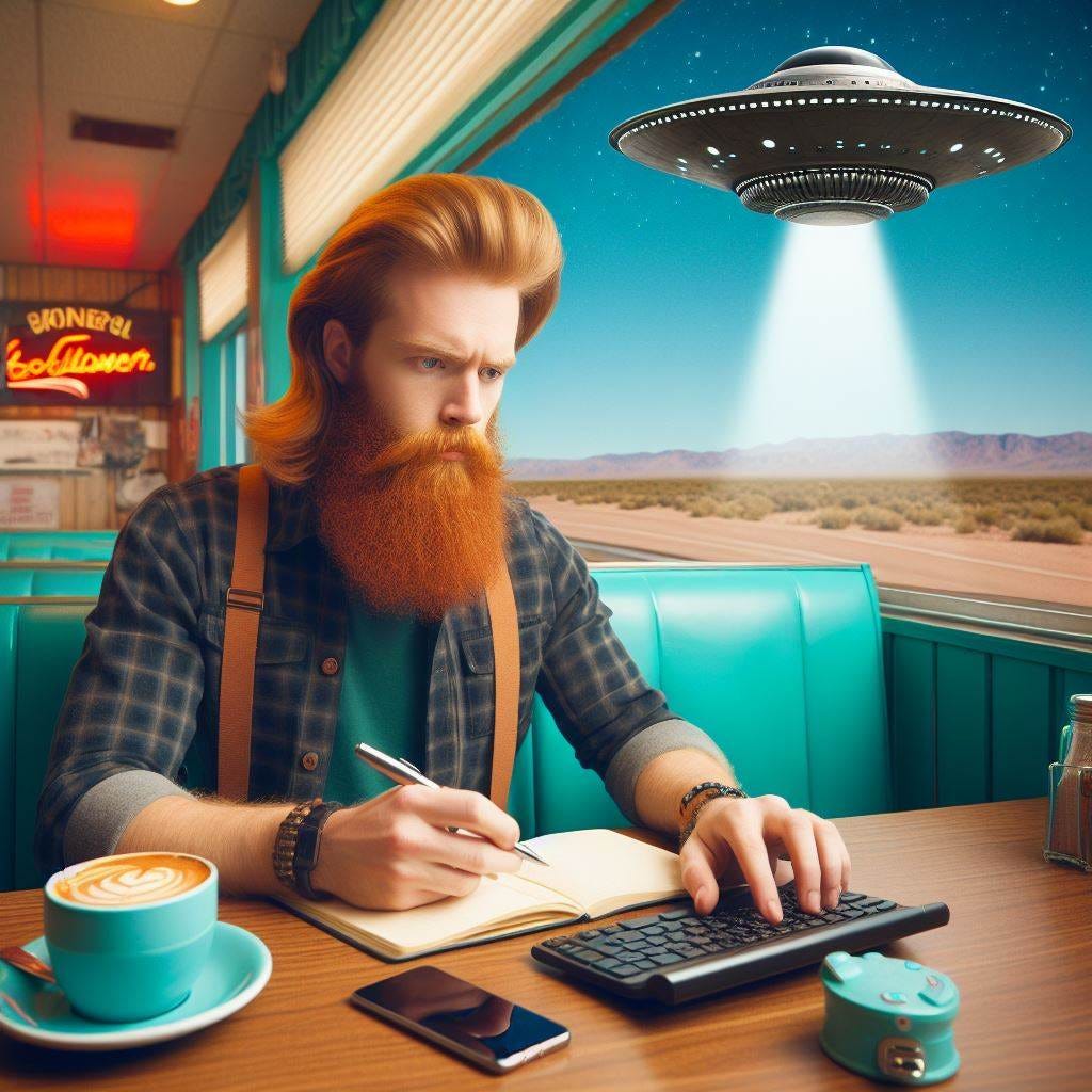 bearded ginger man with ginger mullet sat in a turqoise american diner in roswell, writing a book on a Bluetooth keyboard and phone whilst a ufo hovers outside.